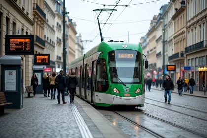 Tramway de Nantes à l'arrêt dans un quartier urbain avec passagers qui montent et descendent, bâtiments haussmanniens en arrière-plan