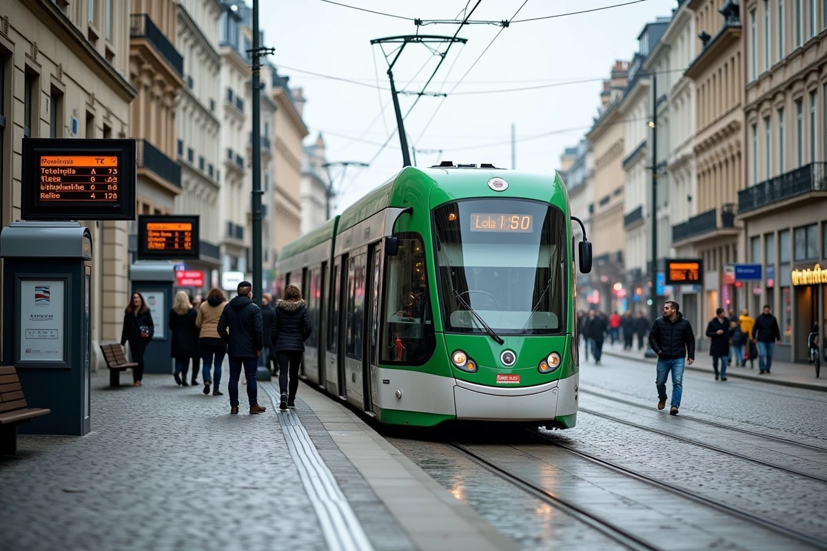 Tramway de Nantes à l'arrêt dans un quartier urbain avec passagers qui montent et descendent, bâtiments haussmanniens en arrière-plan