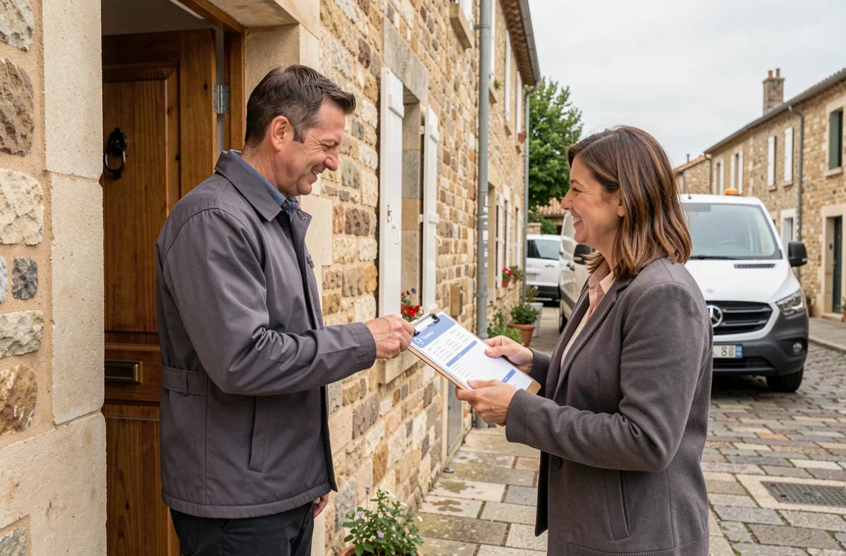 Serrurier Trebinski Thierry à Cahors présentant un devis à un client à la porte d'une maison en pierre lotoise typique