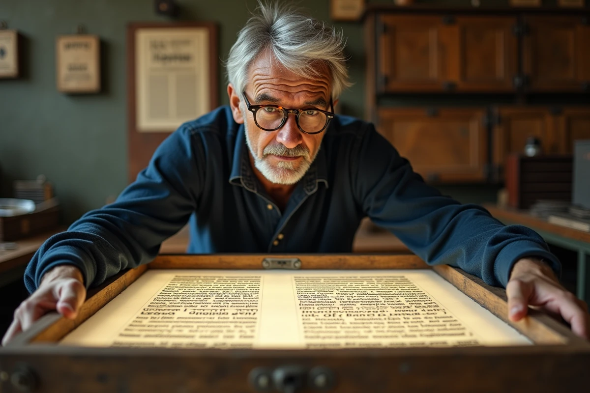 Typographe senior travaillant sur des planches de texte Lorem Ipsum dans un atelier d'impression traditionnel vintage