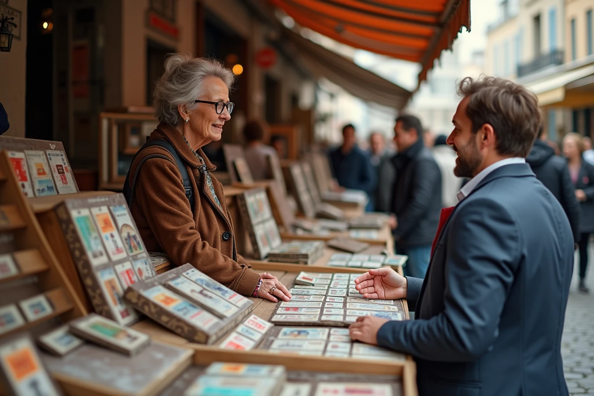 Vendeuse de télécartes de collection sur un stand de brocante en plein air avec un acheteur potentiel