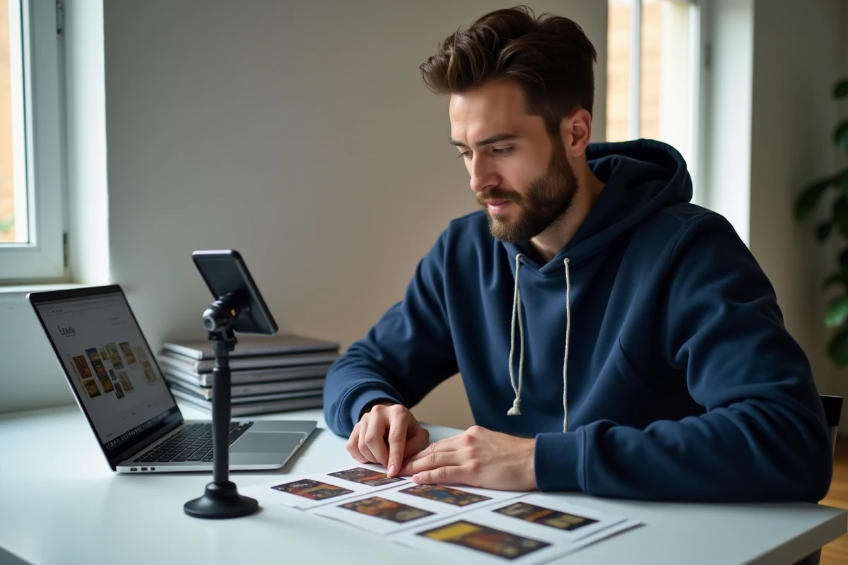 Homme photographiant ses télécartes de collection pour les vendre sur une plateforme en ligne depuis son bureau
