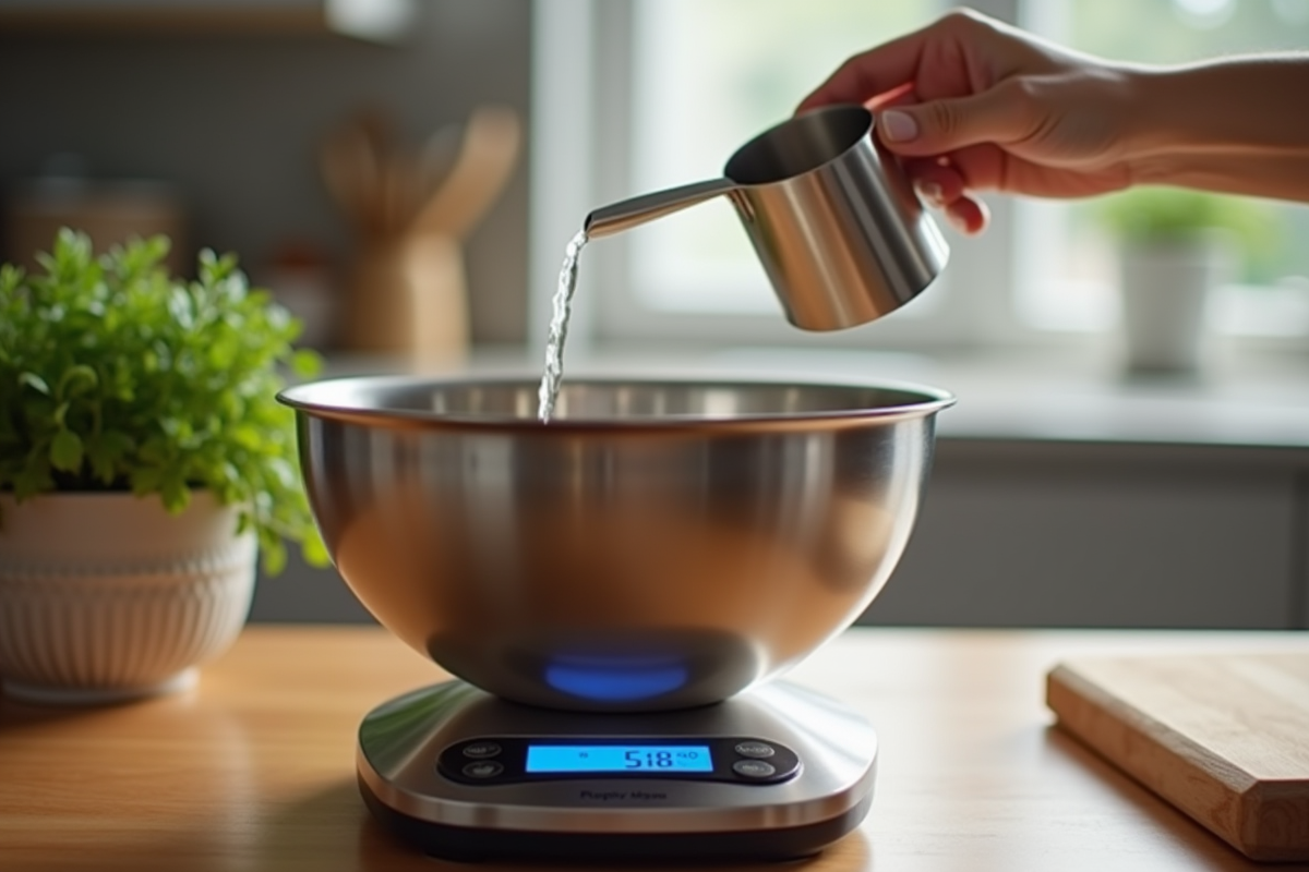 Main versant du liquide dans un bol en inox sur table en bois