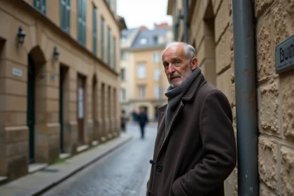 Homme âgé lisant une plaque dans une rue ancienne