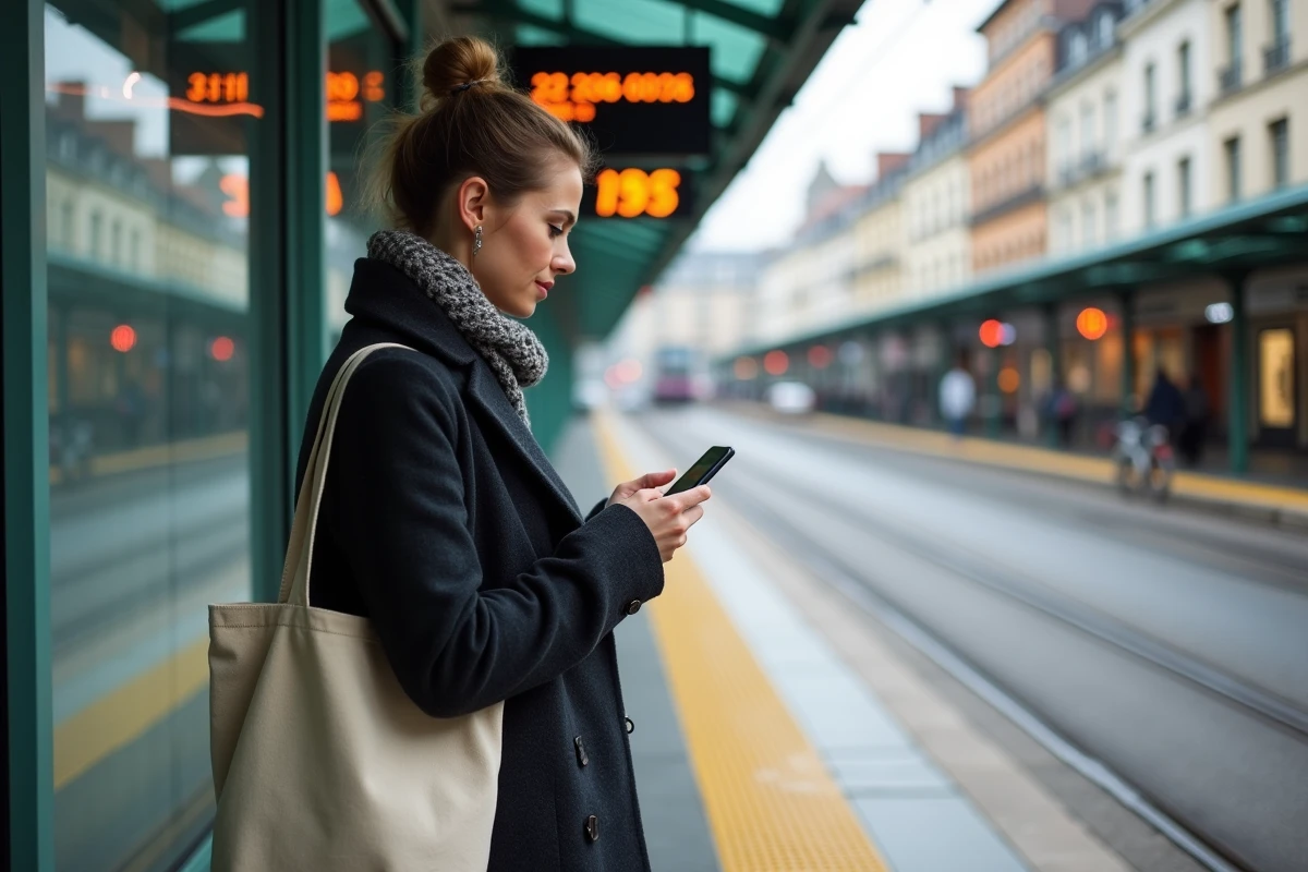 Femme consultant son smartphone sur un quai de tramway à Nantes avec panneau d'affichage des temps de passage