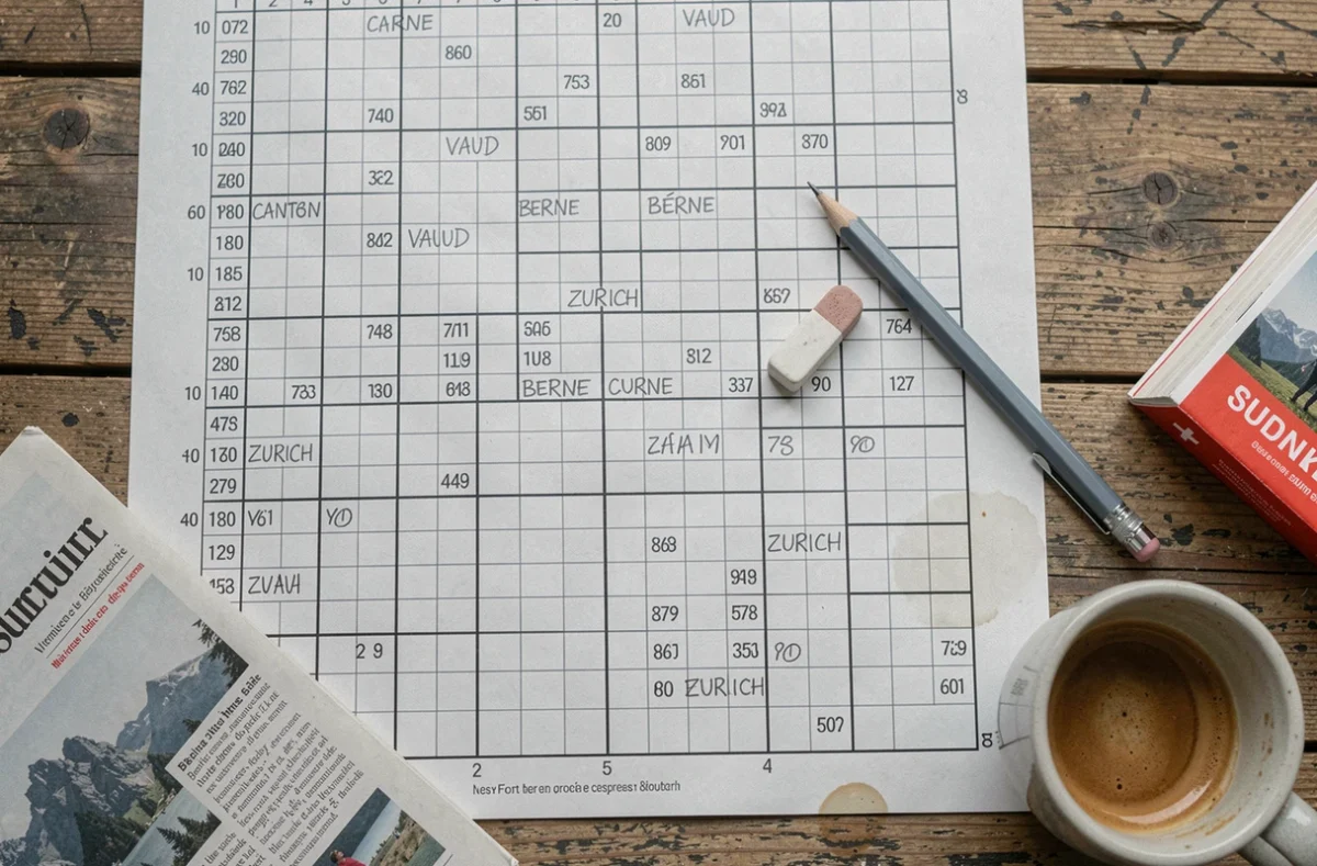 Vue aérienne de mots fléchés avec des noms de cantons suisses remplis sur une table en bois rustique